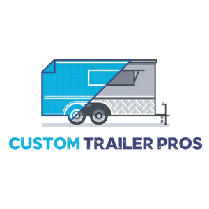 logo of custom trailer pros, teal and grey food truck